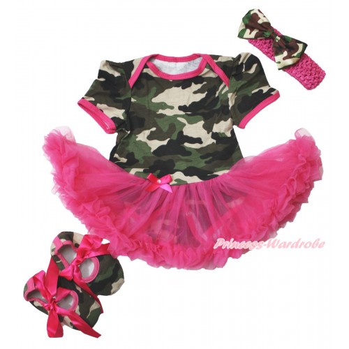 Camouflage Bodysuit Jumpsuit Hot Pink Pettiskirt With Hot Pink Headband Camouflage Satin Bow With Hot Pink Ribbon Camouflage Shoes JS3756