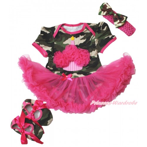 Camouflage Bodysuit Jumpsuit Hot Pink Pettiskirt & Hot Pink Rosettes Birthday Cake & Hot Pink Headband Camouflage Satin Bow & Hot Pink Ribbon Camouflage Shoes JS3818