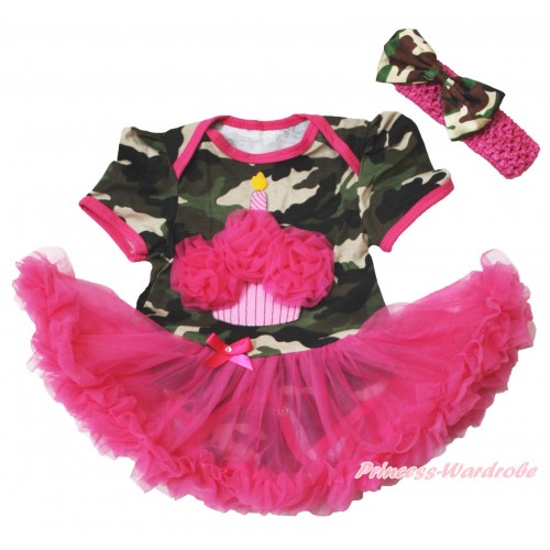 Camouflage Bodysuit Jumpsuit Hot Pink Pettiskirt & Hot Pink Rosettes Birthday Cake & Hot Pink Headband Camouflage Satin Bow JS3797