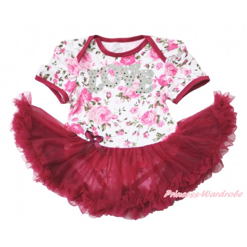 Valentine's Rose Fusion Bodysuit Jumpsuit Wine Red Pettiskirt & Sparkle White Love Print JS3780