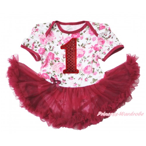 Rose Fusion Bodysuit Jumpsuit Wine Red Pettiskirt & 1st Sparkle Red Birthday Number Print JS3781
