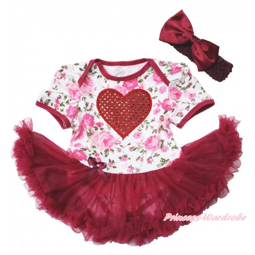 Valentine's Rose Fusion Bodysuit Jumpsuit Wine Red Pettiskirt & Sparkle Red Heart Print & Wine Red Headband Wine Red Satin Bow JS3807
