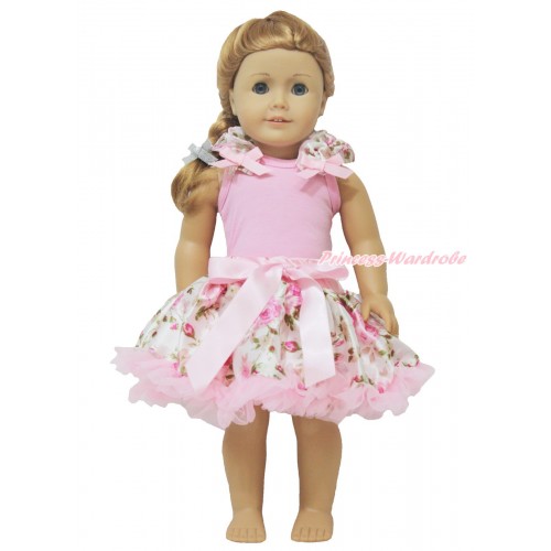 Light Pink Tank Top Rose Fusion Ruffles Light Pink Bow & Light Pink Rose Pettiskirt American Girl Doll Outfit DO024