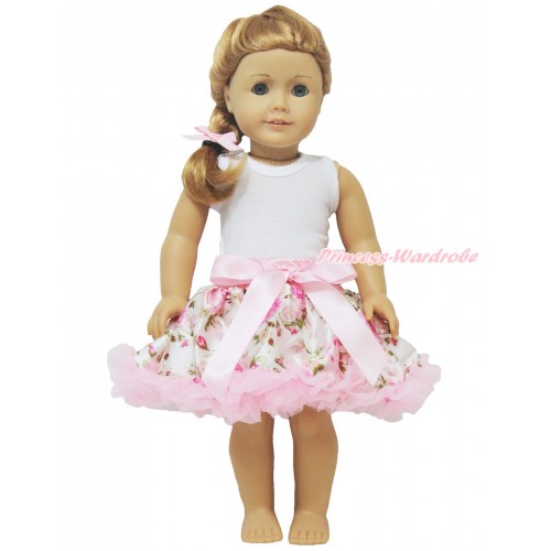 White Tank Top & Light Pink Rose Fusion Pettiskirt American Girl Doll Outfit DO016