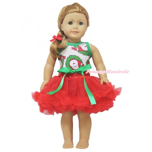 Xmas Santa Claus Tank Top & Kelly Green Bow Red Pettiskirt American Girl Doll Outfit DO017