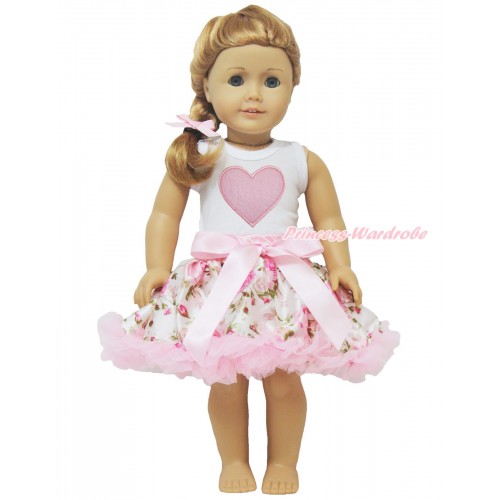 White Tank Top Light Pink Heart & Light Pink Rose Pettiskirt American Girl Doll Outfit DO029