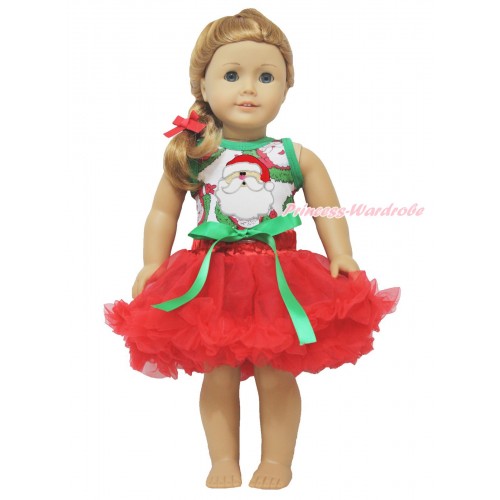 Xmas Santa Claus Tank Top Santa Claus Print & Kelly Green Bow Red Pettiskirt American Girl Doll Outfit DO031