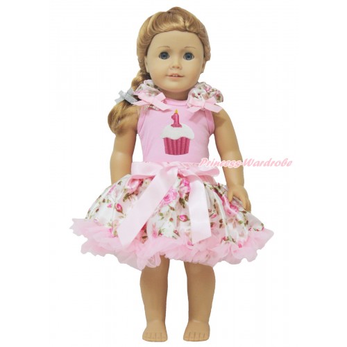 Light Pink Tank Top Light Pink Rose Ruffles Light Pink Bows & Birthday Cake & Light Pink Rose Pettiskirt American Girl Doll Outfit DO040