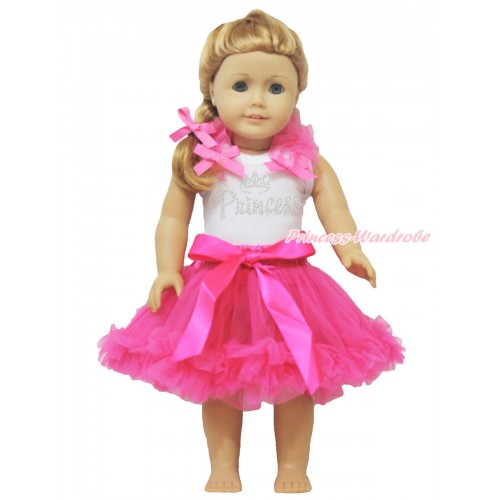 White Tank Top Hot Pink Ruffles & Bows & Rhinestone Princess & Hot Pink Pettiskirt American Girl Doll Outfit DO042