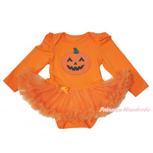 Halloween Orange Long Sleeve Baby Bodysuit Pettiskirt & Pumpkin JS3714