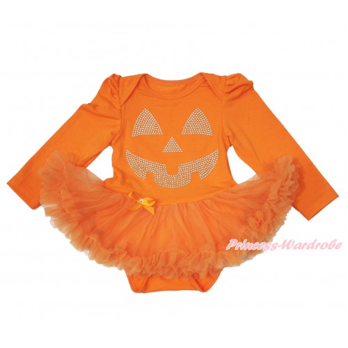 Halloween Orange Long Sleeve Baby Bodysuit Pettiskirt & Sparkle Rhinestone Pumpkin Face Print JS3827