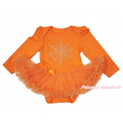 Halloween Orange Long Sleeve Baby Bodysuit Pettiskirt & Sparkle Rhinestone Spider Web Print JS3828