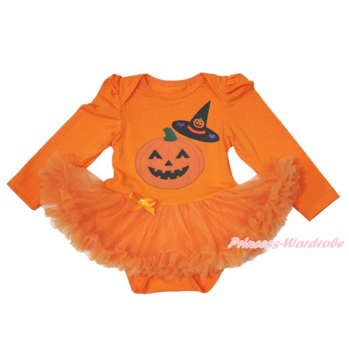 Halloween Orange Long Sleeve Baby Bodysuit Pettiskirt & Pumpkin Witch Hat Pumpkin Print JS3829