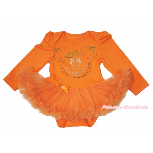 Halloween Orange Long Sleeve Baby Bodysuit Pettiskirt & Sparkle Rhinestone Pumpkin Minnie Print JS3830