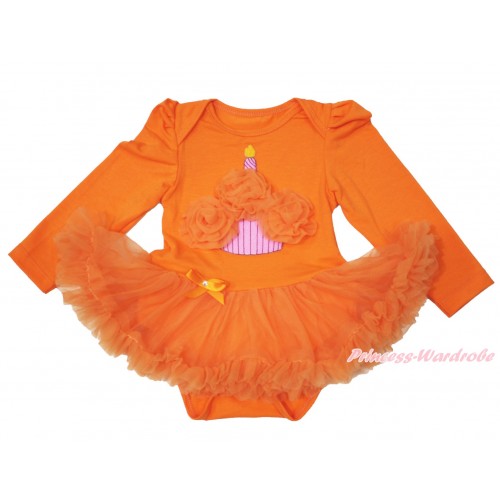 Orange Long Sleeve Baby Bodysuit Pettiskirt & Orange Rosettes Birthday Cake Print JS3831