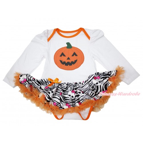 Halloween White Long Sleeve Baby Bodysuit Skeleton Zebra Pettiskirt & Pumpkin Print JS3837