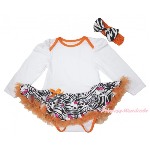Halloween White Long Sleeve Baby Bodysuit Skeleton Zebra Pettiskirt & Orange Headband Zebra Satin Bow JS3840