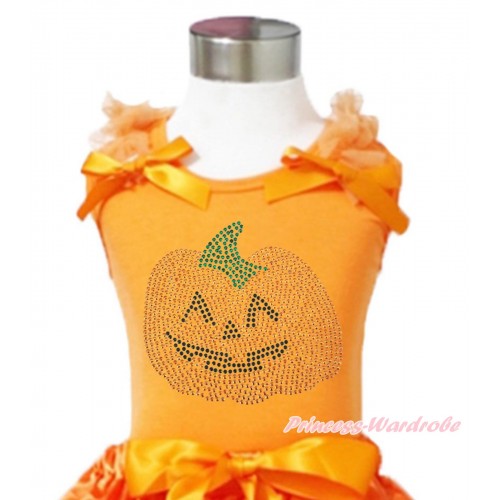 Halloween Orange Tank Top Orange Ruffles & Bows & Sparkle Crystal Rhinestone Orange Pumpkin Print TN254