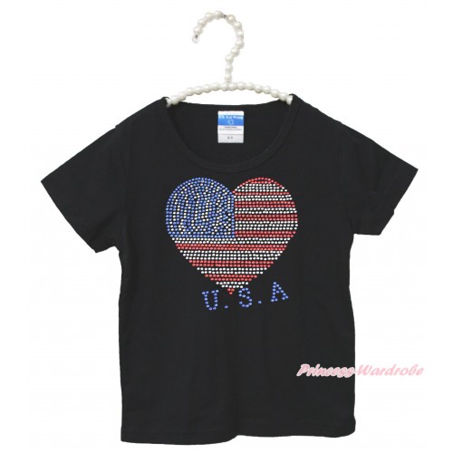 World Cup Black Short Sleeves Top Sparkle Rhinestone USA Heart Child Kids Unisex Family Tee Shirt TS37