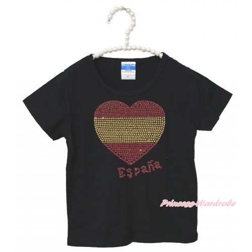World Cup Black Short Sleeves Top Sparkle Rhinestone Spain Heart Child Kids Unisex Family Tee Shirt TS38