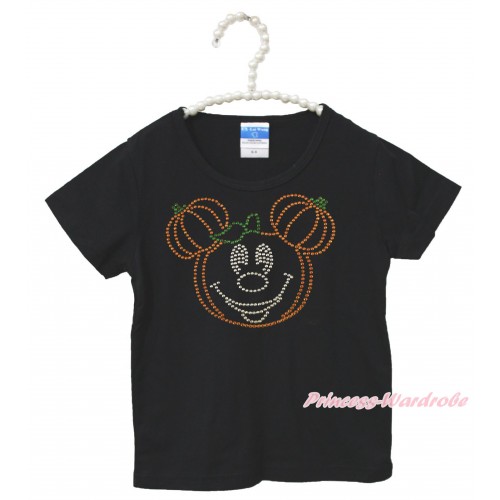 Halloween Black Short Sleeves Top Sparkle Rhinestone Pumpkin Minnie Child Kids Unisex Family Tee Shirt TS45