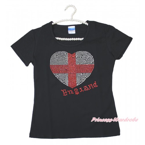 World Cup Black Short Sleeves Top Sparkle Rhinestone England Heart Adult Unisex Family Tee Shirt TS52