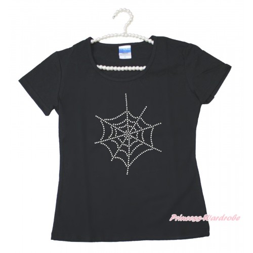 Halloween Black Short Sleeves Top Sparkle Rhinestone Spider Web Adult Unisex Family Tee Shirt TS55