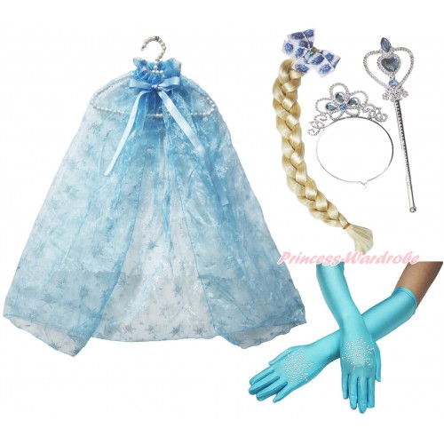 Frozen Elsa Sparkle Snowflakes Light Blue Organza Cape & Sparkle Rhinestone Snowflakes Elbow Length Gloves & Hair Dress Up Party Costume Set C286