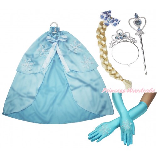 Frozen Elsa Snowflakes Light Blue Satin Cape & Sparkle Rhinestone Snowflakes Elbow Length Gloves & Hair Dress Up Party Costume Set C287