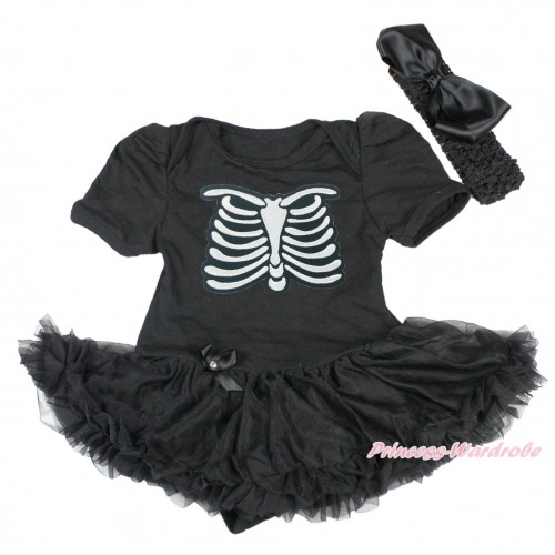 Halloween Black Baby Bodysuit Pettiskirt & Skeleton Rib & Black Headband Silk Bow JS3861