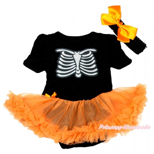 Halloween Black Baby Bodysuit Orange Pettiskirt & Skeleton Rib & Black Headband Orange Silk Bow JS3863
