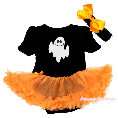 Halloween Black Baby Bodysuit Orange Pettiskirt & Ghost & Black Headband Orange Silk Bow JS3864