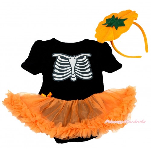 Halloween Black Baby Jumpsuit Orange Pettiskirt & Skeleton Rib & Pumpkin Costume JS3865
