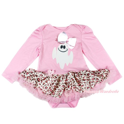 Halloween Light Pink Long Sleeve Baby Bodysuit Light Pink Leopard Pettiskirt & White Light Pink Ribbon Bow Ghost JS3867