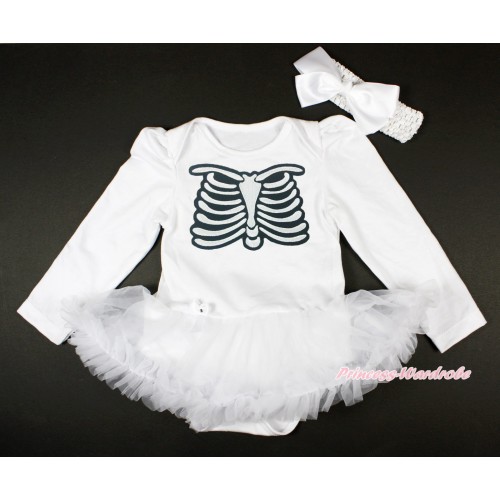 Halloween White Long Sleeve Baby Bodysuit Pettiskirt & Skeleton Rib & White Headband Silk Bow JS3870