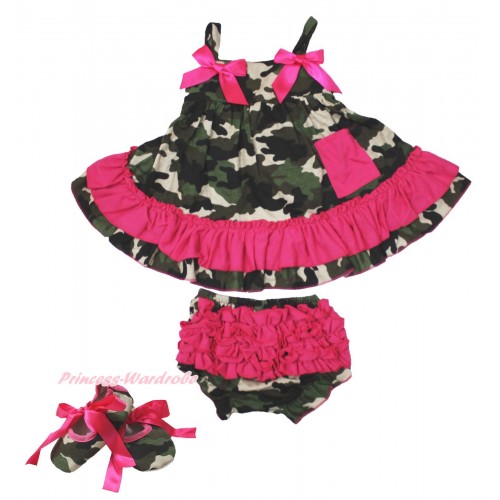 Hot Pink Camouflage Swing Top & Hot Pink Bow & Camouflage Panties Bloomers with Hot Pink Ribbon Camouflage Shoes SP21