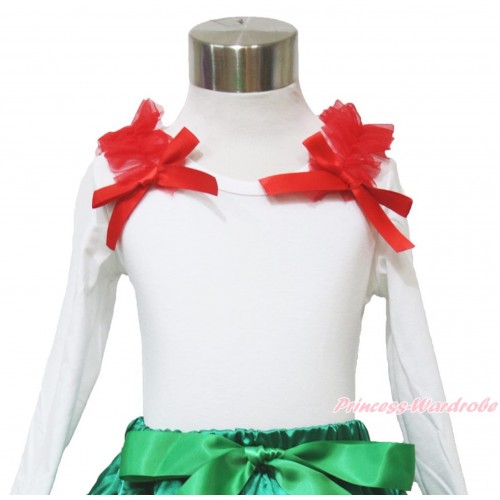 White Long Sleeve Top with Red Ruffles & Red Bow TW401 