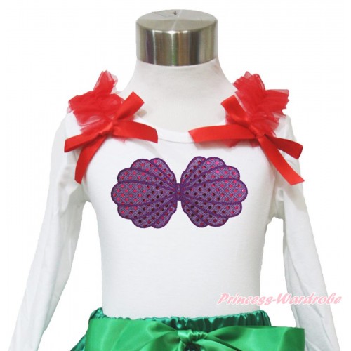 White Long Sleeves Top Red Ruffles & Bow & Mermaid Sea Shell Bra Print TW469