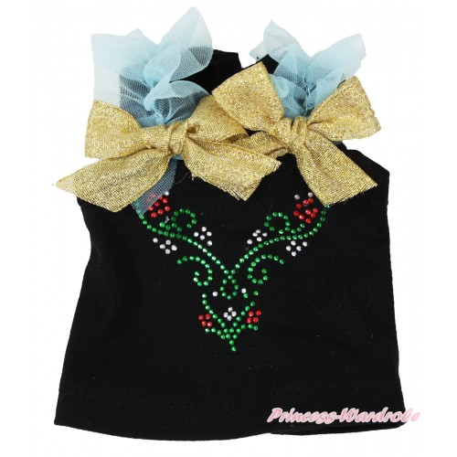 Frozen Black Tank Top Light Blue Ruffles Sparkle Gold Bows & Sparkle Rhinestone Princess Anna American Girl Doll Top Outfit DT002