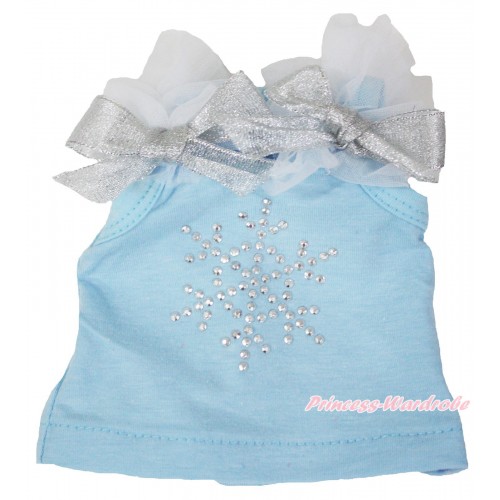 Frozen Light Blue Tank Top White Ruffles Sparkle Silver Grey Bows & Sparkle Rhinestone Snowflake American Girl Doll Top Outfit DT003
