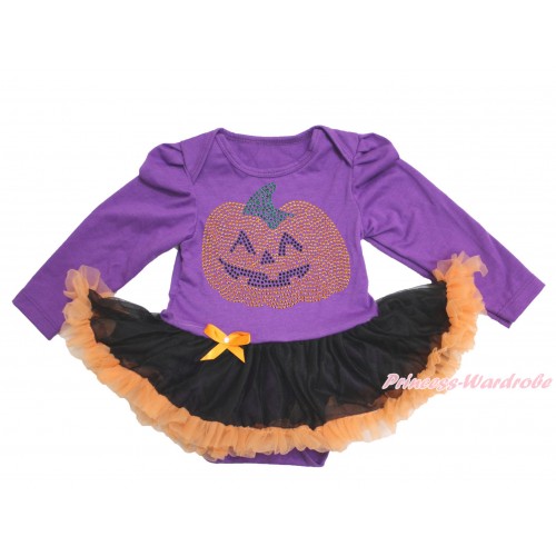 Halloween Dark Purple Long Sleeve Baby Bodysuit Black Orange Pettiskirt & Sparkle Rhinestone Pumpkin JS3720