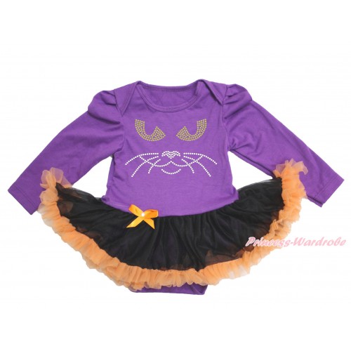Halloween Dark Purple Long Sleeve Baby Bodysuit Black Orange Pettiskirt & Sparkle Rhinestone Black Cat Face JS3877
