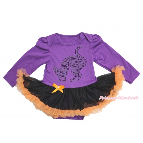 Halloween Dark Purple Long Sleeve Baby Bodysuit Black Orange Pettiskirt & Sparkle Rhinestone Black Cat JS3878