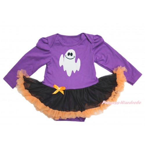 Halloween Dark Purple Long Sleeve Baby Bodysuit Black Orange Pettiskirt & White Ghost JS3881