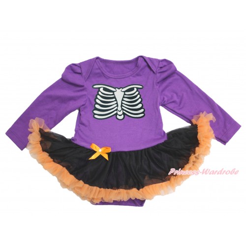 Halloween Dark Purple Long Sleeve Baby Bodysuit Black Orange Pettiskirt & Skeletone Rib JS3882
