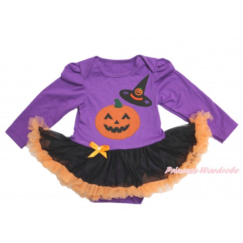 Halloween Dark Purple Long Sleeve Baby Bodysuit Black Orange Pettiskirt & Pumpkin Witch Hat & Pumpkin JS3883