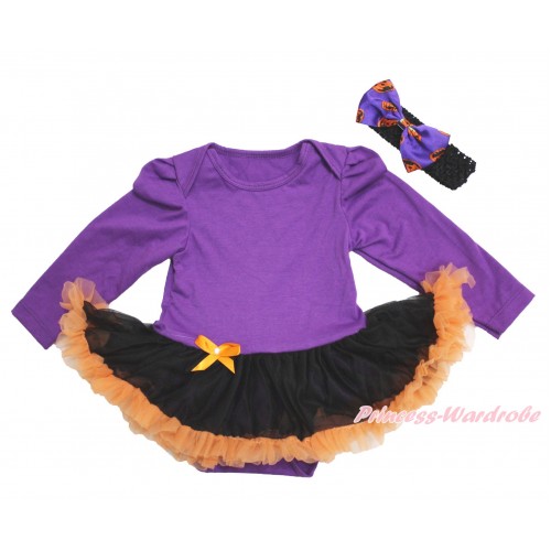 Halloween Dark Purple Long Sleeve Baby Bodysuit Black Orange Pettiskirt & Black Headband Dark Purple Pumpkin Satin Bow JS3886