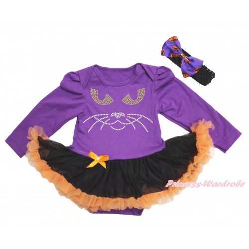Halloween Dark Purple Long Sleeve Bodysuit Black Orange Pettiskirt & Sparkle Rhinestone Black Cat Face & Black Headband Dark Purple Pumpkin Satin Bow JS3888