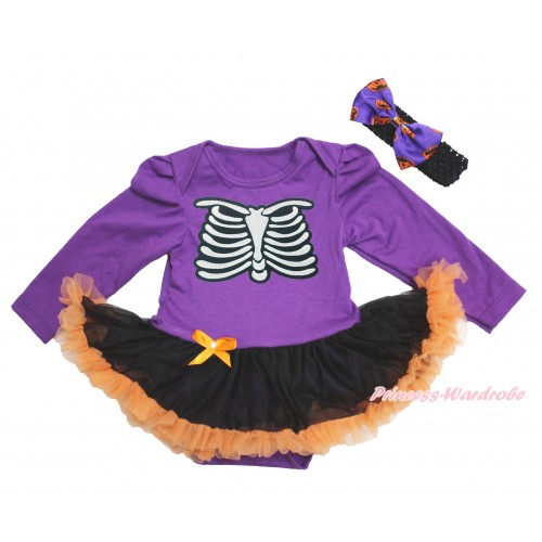 Halloween Dark Purple Long Sleeve Bodysuit Black Orange Pettiskirt & Skeleton Rib & Black Headband Dark Purple Pumpkin Satin Bow JS3893