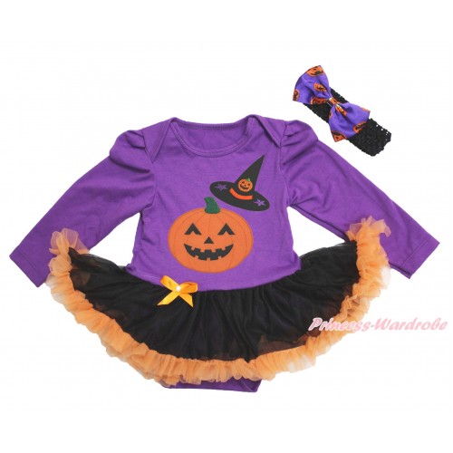 Halloween Dark Purple Long Sleeve Bodysuit Black Orange Pettiskirt & Pumpkin Witch Hat Pumpkin Print & Black Headband Dark Purple Pumpkin Satin Bow JS3894
